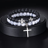 Natural Stone Cross Beaded Bracelet for Men Women Gift