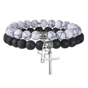 Natural Stone Cross Beaded Bracelet for Men Women Gift