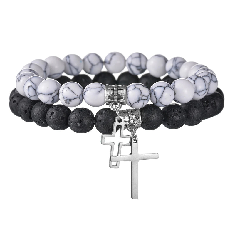 Natural Stone Cross Beaded Bracelet for Men Women Gift