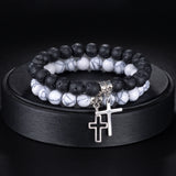 Natural Stone Cross Beaded Bracelet for Men Women Gift