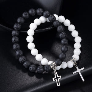 Natural Stone Cross Beaded Bracelet for Men Women Gift