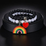 Love Heart Rainbow Beaded Bracelets Set Charm Couple Jewelry