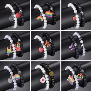Love Heart Rainbow Beaded Bracelets Set Charm Couple Jewelry