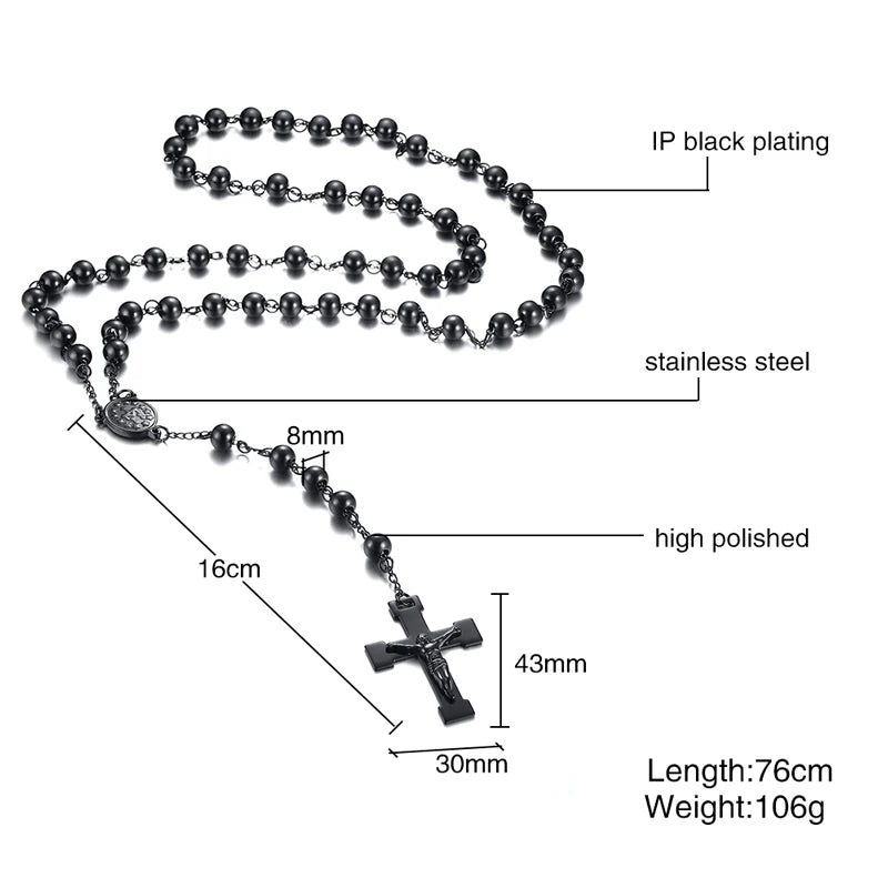Stainless Steel Bead Chain Rosary Jesus Cross Pendant Necklace