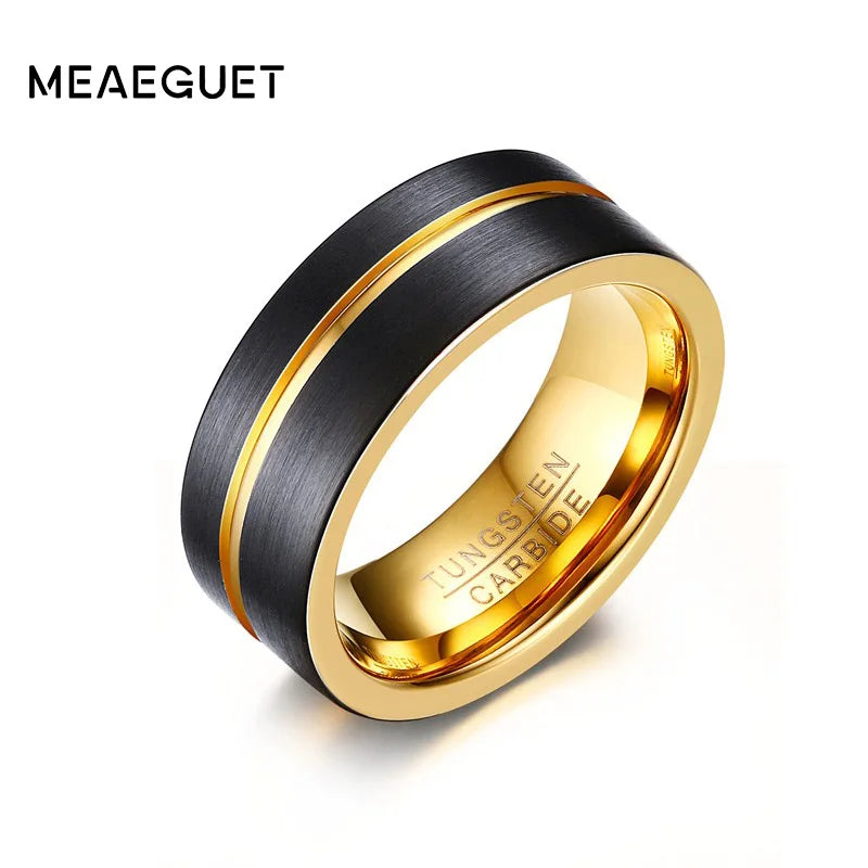 8MM Gold-Color Tungsten Carbide Ring Men One Groove Wedding Bands Size