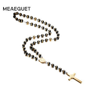 Black/Gold Long Rosary Necklace For Men Women Stainless Steel Bead Chain