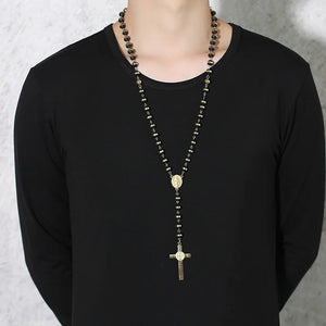 Black/Gold Long Rosary Necklace For Men Women Stainless Steel Bead Chain