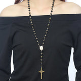 Black/Gold Long Rosary Necklace For Men Women Stainless Steel Bead Chain
