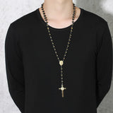 Black/Gold Long Rosary Necklace For Men Women Stainless Steel Bead Chain