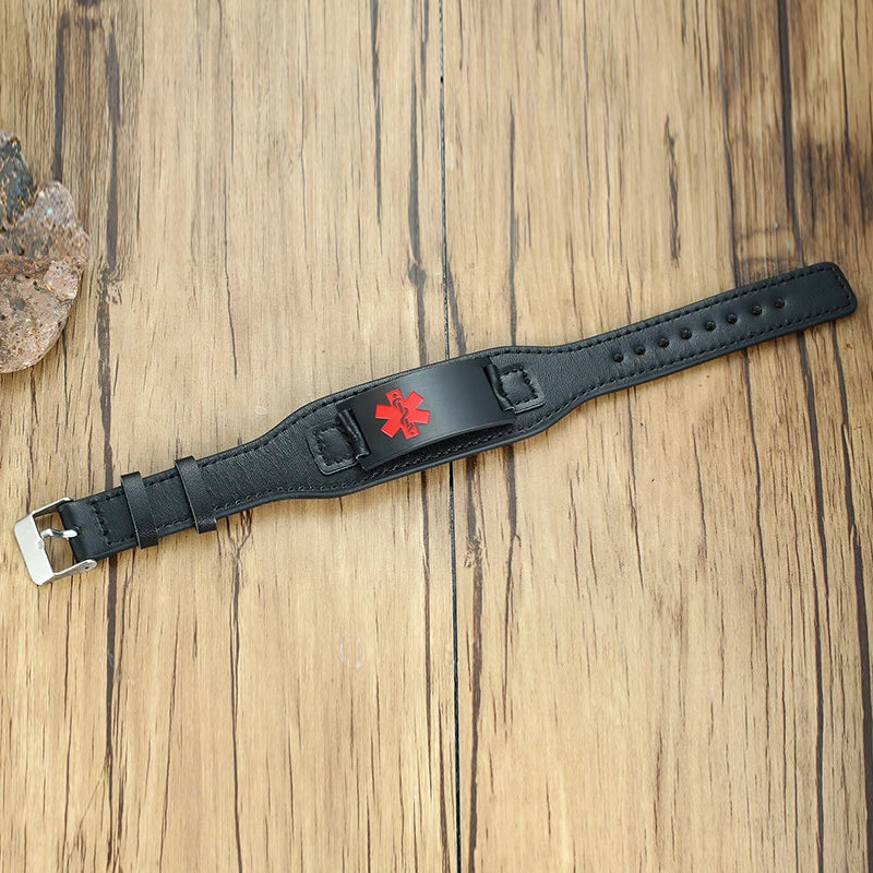 Engraved Leather Medical Alert Bracelet DIABETIC EPILEPSY SOS
