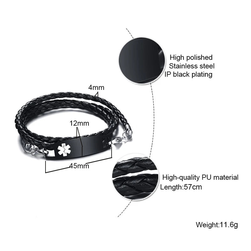 Diabetes Medical Alert ID Bracelet Multilayer Leather Bangle