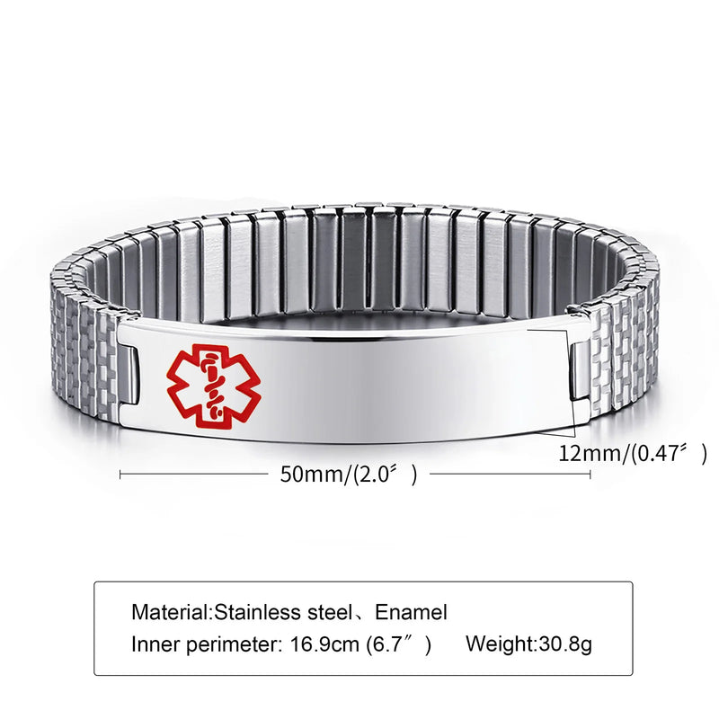 Personalized Medical Alert ID Bracelet for Men Women Elastic Stainless Steel