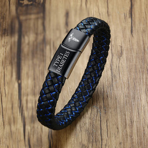 Diabetes 1 Medical Alert Bracelet Leather Stainless Steel Jewelry