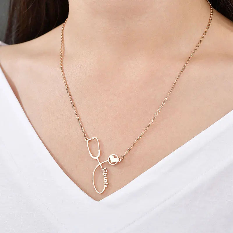 Personalized Nurse Necklace Stainless Steel Nameplate Stethoscope