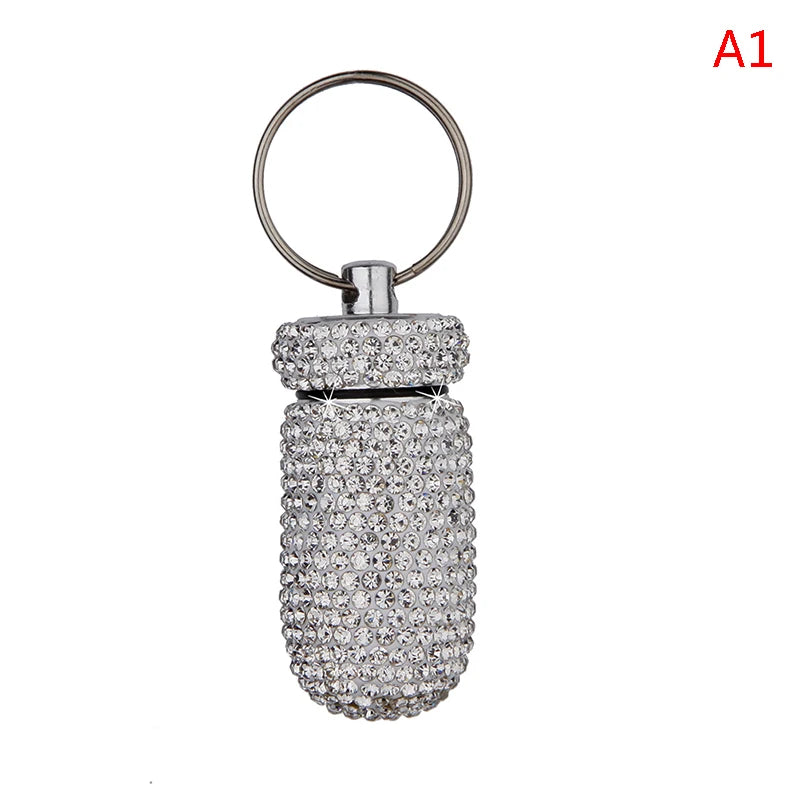 Medicine Organizer Pill Box Tablet Holder Sparkling Rhinestone Aluminum Vial