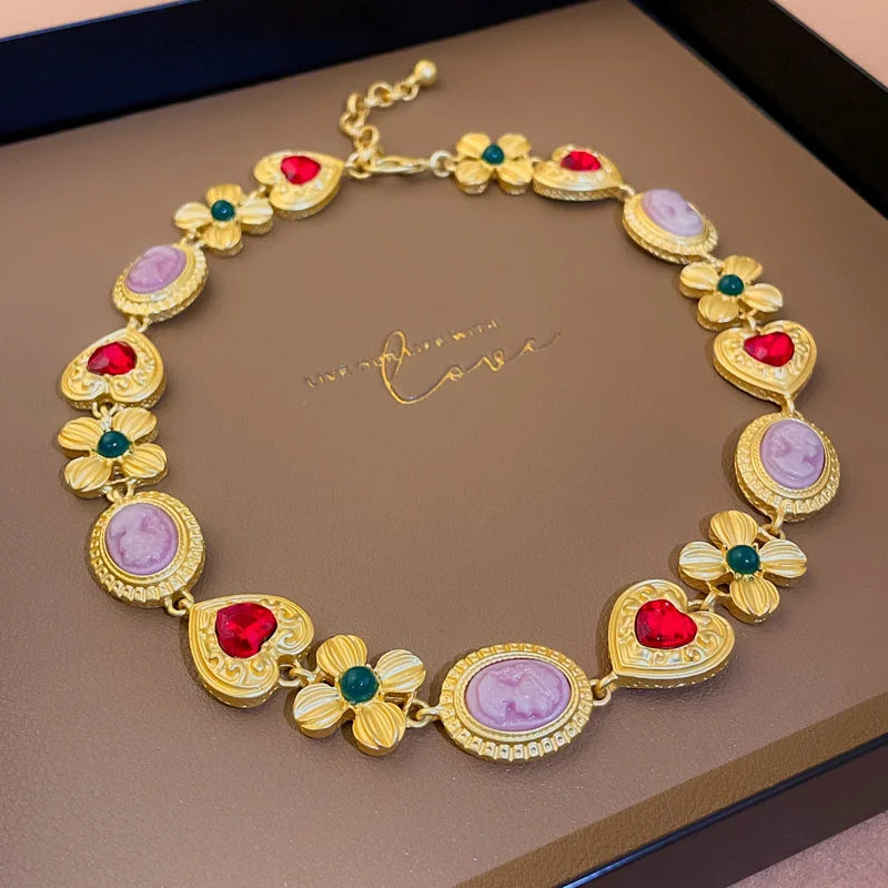 Vintage Medieval Flower Portrait Love Necklace French Court Style Collar Chain