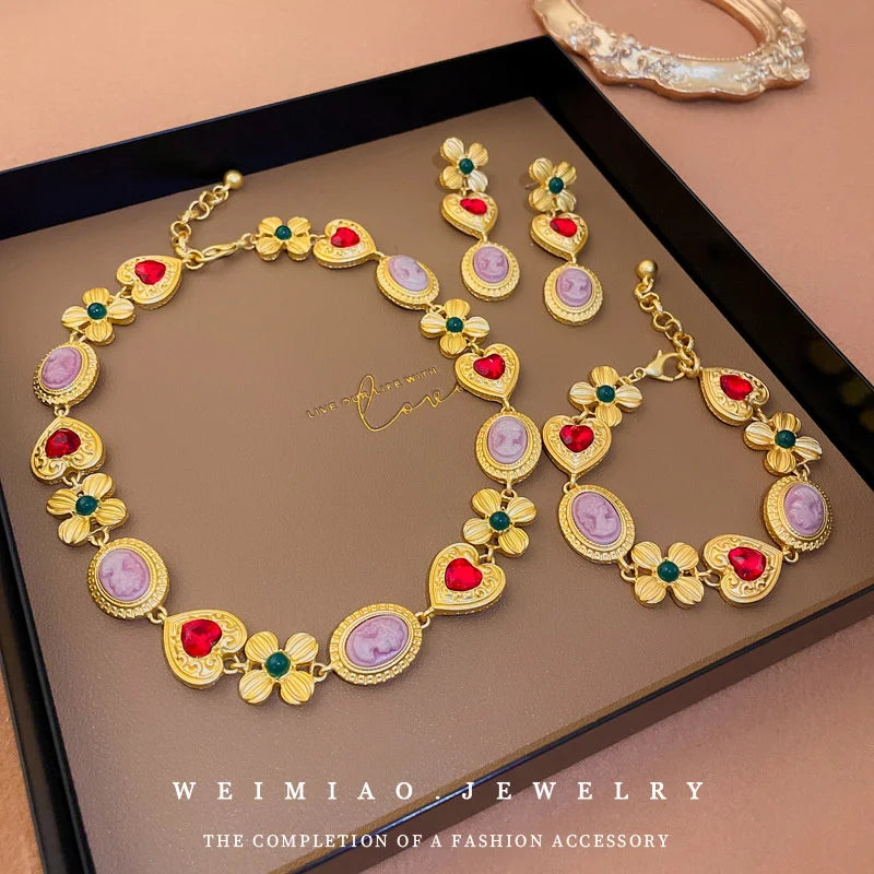 Vintage Medieval Flower Portrait Love Necklace French Court Style Collar Chain