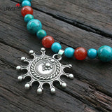 Slavic Costume Jewelry Brooch, Lapis Carnelian Sun Necklace Brooch