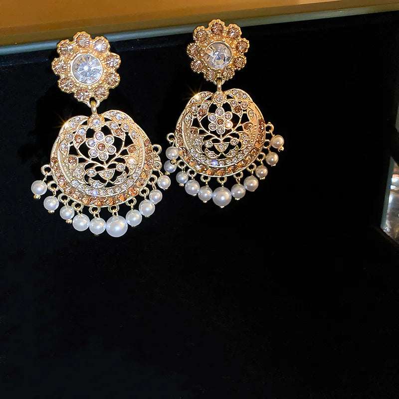 Medieval Rhinestone Flower Pearl Tassel Drop Earrings