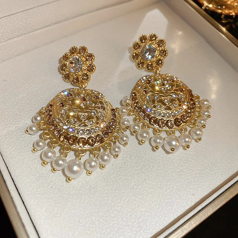 Medieval Rhinestone Flower Pearl Tassel Drop Earrings