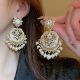 Medieval Rhinestone Flower Pearl Tassel Drop Earrings