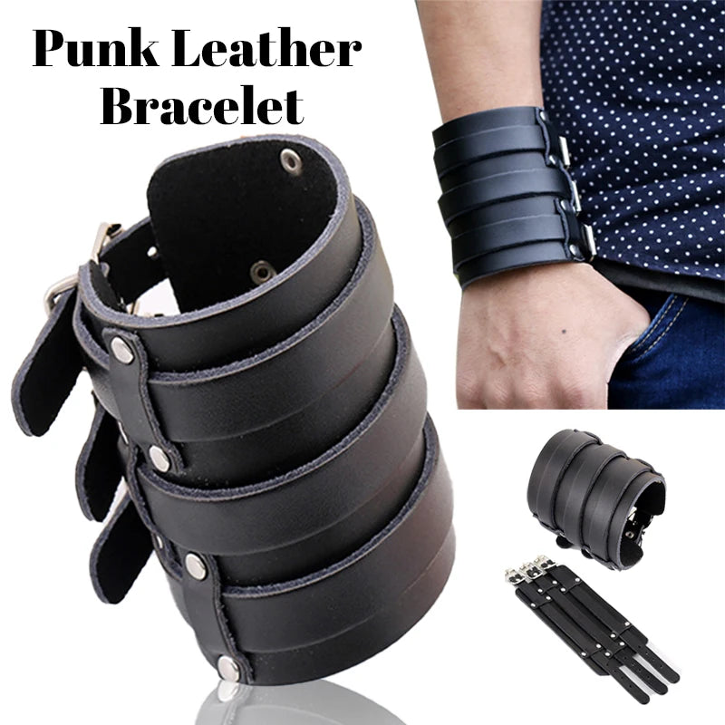 Medieval Vintage Knight Wide Cuff Leather Adjustable Bracelet for Man