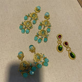 Medieval Golden Bouquet Antique Ear Clip Turquoise Resin Earrings