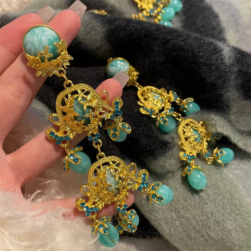 Medieval Golden Bouquet Antique Ear Clip Turquoise Resin Earrings
