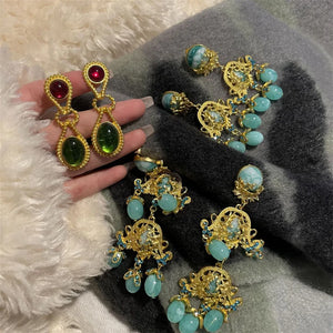 Medieval Golden Bouquet Antique Ear Clip Turquoise Resin Earrings