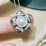 9-10mm Natural Pearl Flower Pendant Necklace 925 Sterling Silver Fine Jewelry