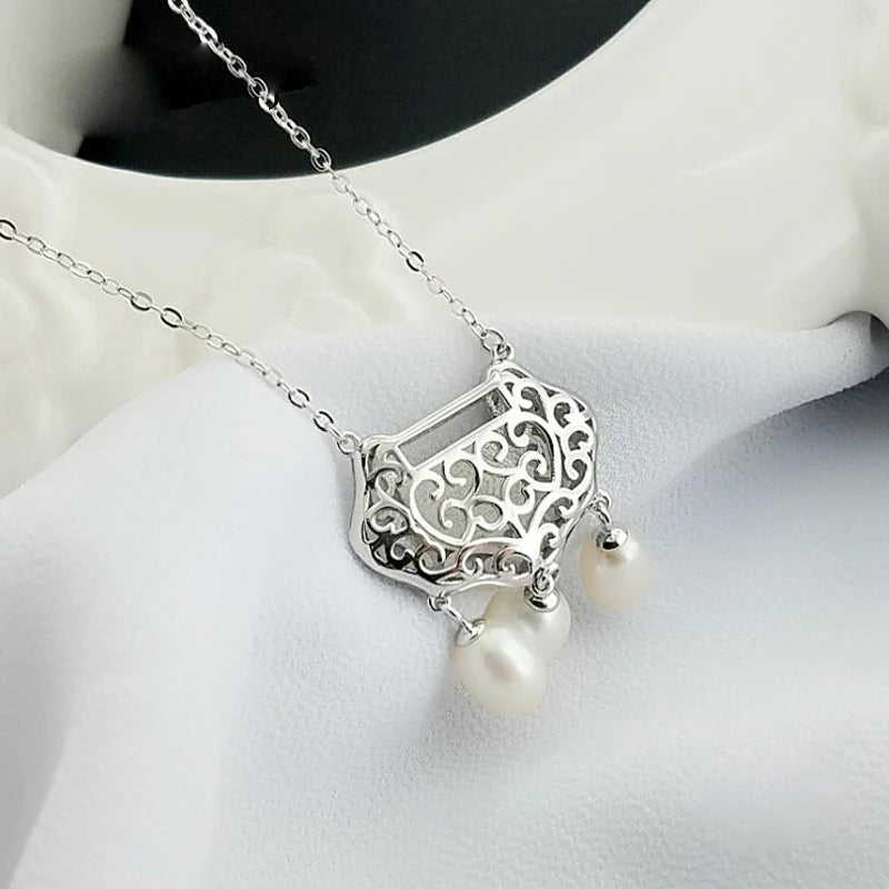 Natural Pearl Safety Lock Pendant Necklace 925 Sterling Silver Party Jewelry