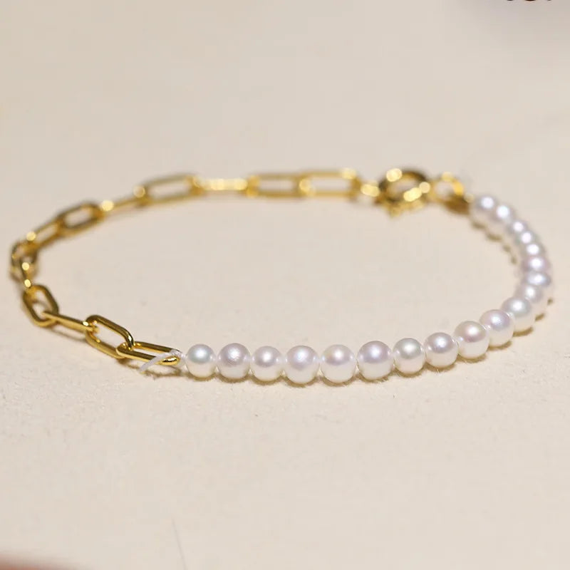 925 Silver Freshwater Pearl Chain Bracelet for Women Wedding Jewelry