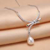 Rice Freshwater Pearl Pendant Necklace Sterling Silver Bowknot Jewelry