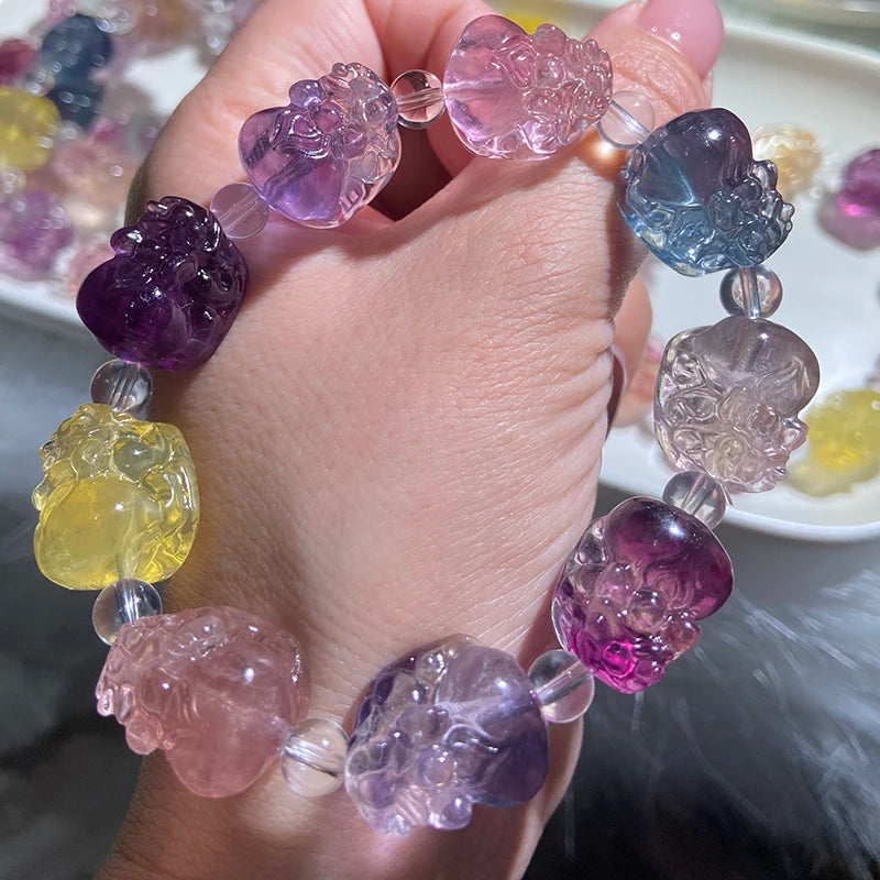 Colorful Fluorite Pixiu Carved Bracelet Stone Beads DIY