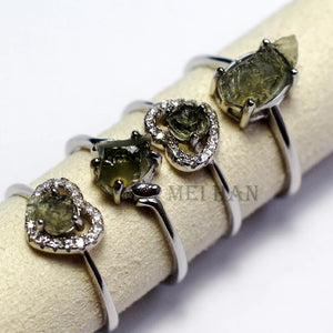 Meihan Natural Czech Moldavite 925 Silver Women Ring
