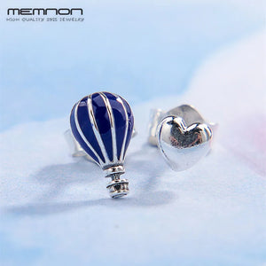 Summer Silver 925 Hot Air Balloon and Heart Stud Earrings for Women