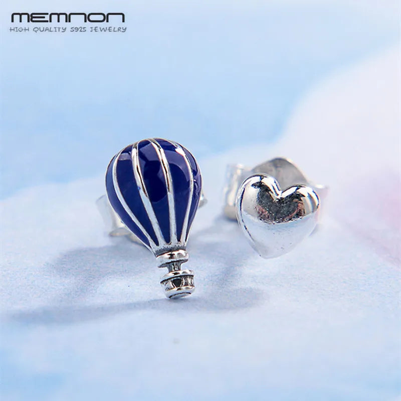 Summer Silver 925 Hot Air Balloon and Heart Stud Earrings for Women