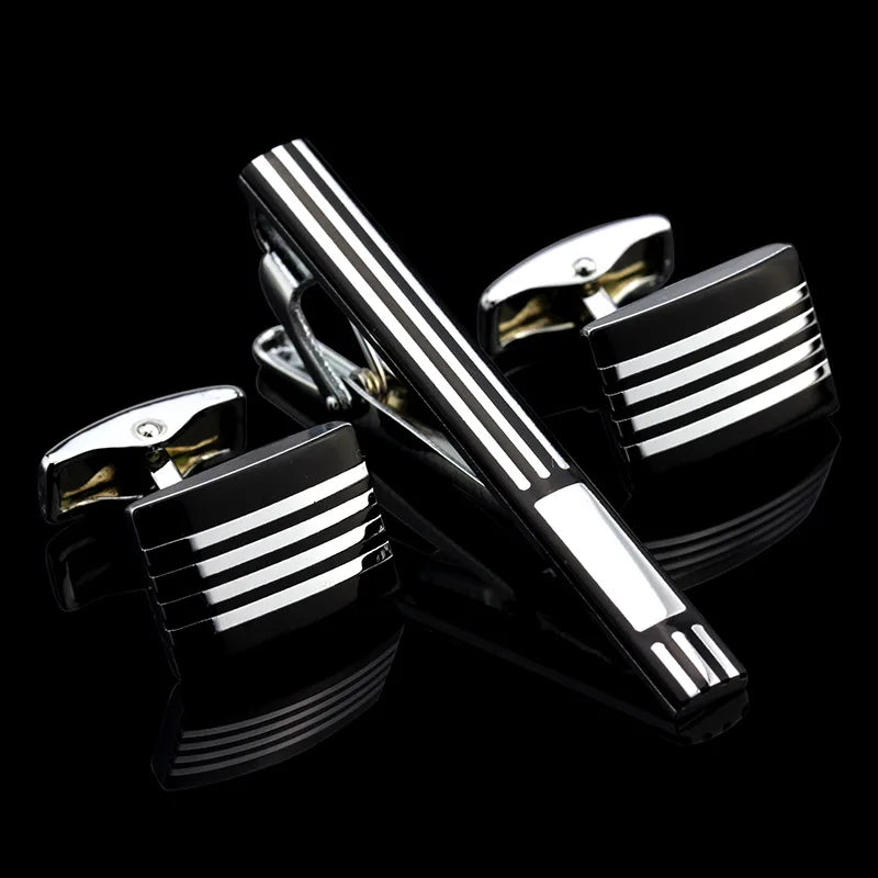 Enamel Square Cufflinks Tie Clip Set in Gift Box