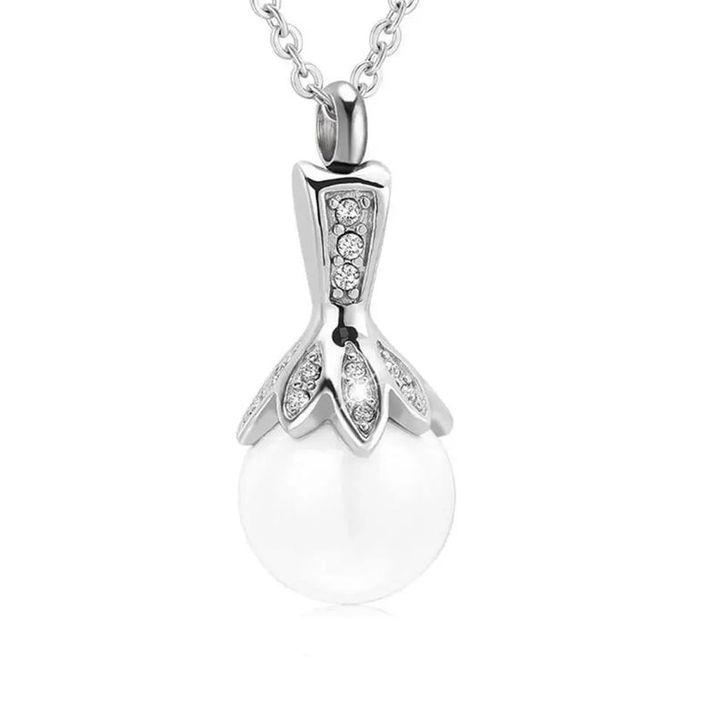 Stainless Steel Pearl Urn Pendant Necklace - Cremation Keepsake Ashes Holder