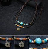 Men 2-Layer Leather Rope Necklace Vintage Retro Coin Charm Pendant