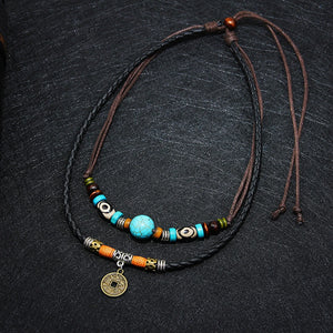 Men 2-Layer Leather Rope Necklace Vintage Retro Coin Charm Pendant