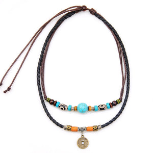 Men 2-Layer Leather Rope Necklace Vintage Retro Coin Charm Pendant