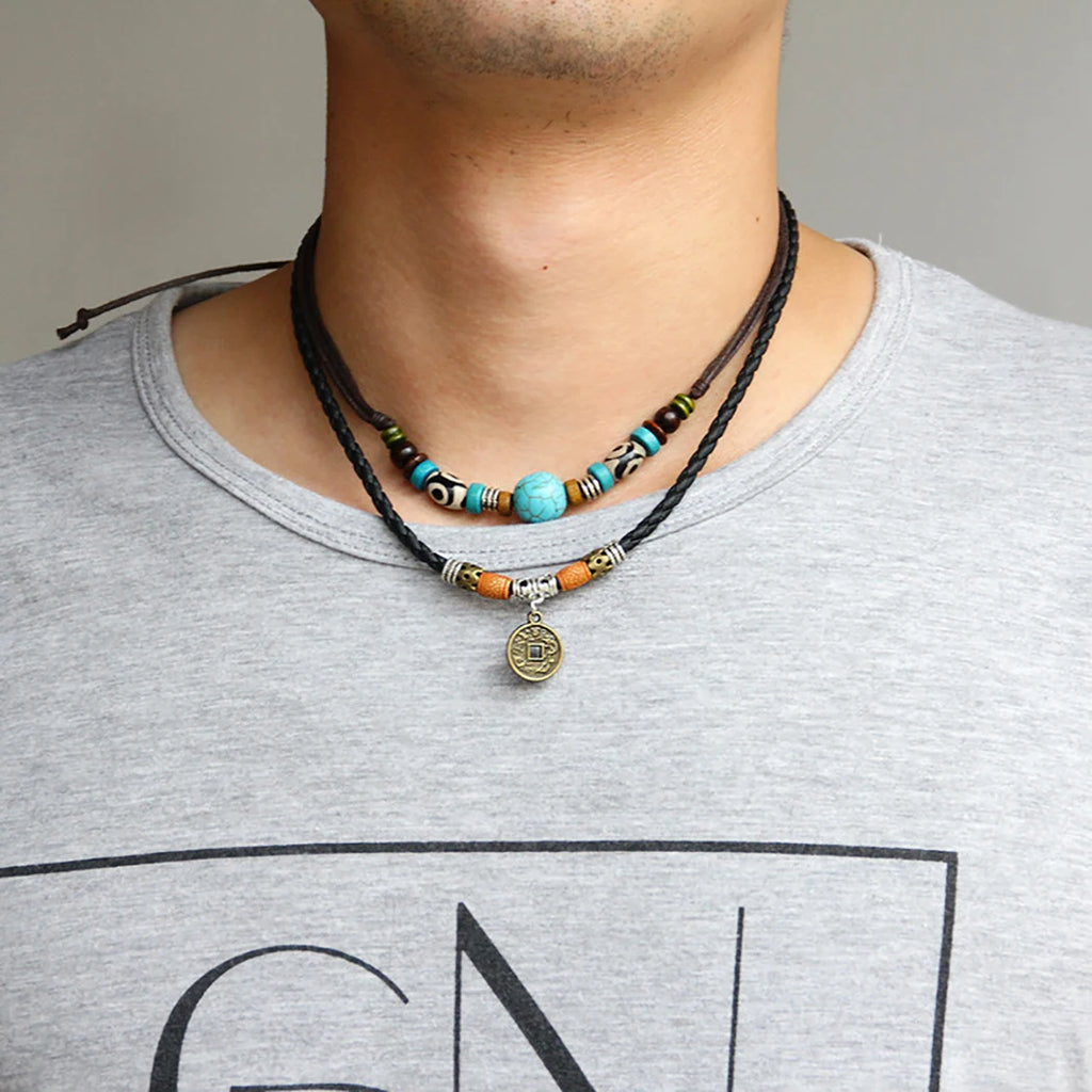 Men 2-Layer Leather Rope Necklace Vintage Retro Coin Charm Pendant