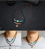 Men 2-Layer Leather Rope Necklace Vintage Retro Coin Charm Pendant