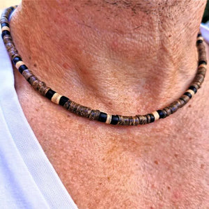 Men's African Beaded Surfer Necklace, Wooden Beach Jewelry