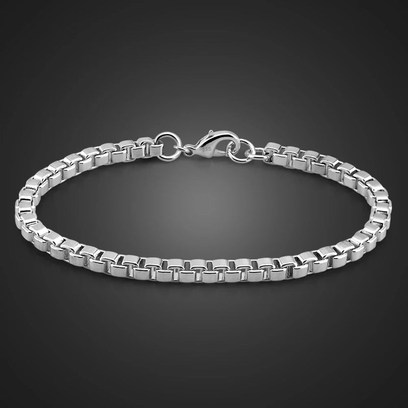 Men 925 Silver 4MM 7-9 in Box Chain Bracelet Bangle Women Solid Boys Charm