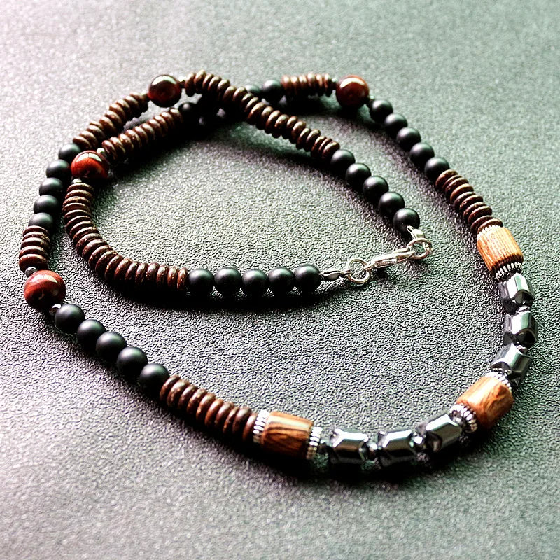 Men Beaded Choker Necklace Stone Bead Hematite Tribal Jewelry Surfer