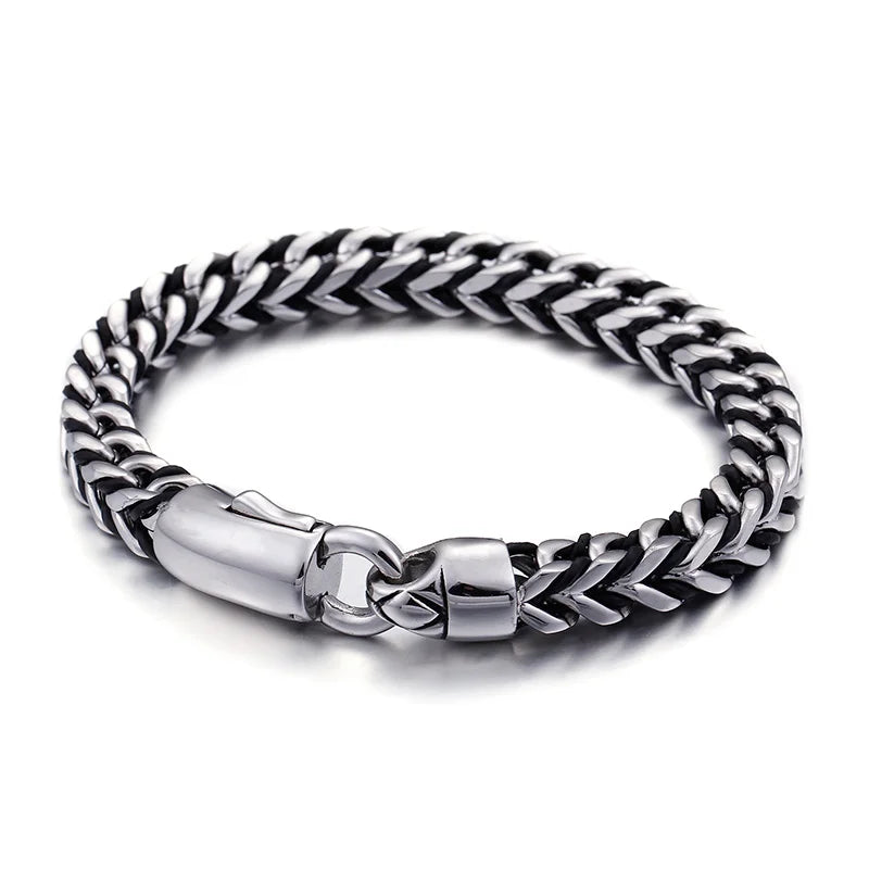 Men Large Link Jewelry Leather Stainless Steel Chain Bracelet 8mm