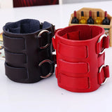 Men Biker Bracelet Wide Leather Wristband Alloy Red Cow Leather Jewelry