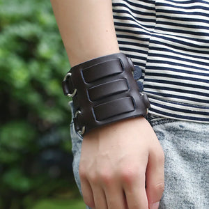 Men Biker Bracelet Wide Leather Wristband Alloy Red Cow Leather Jewelry